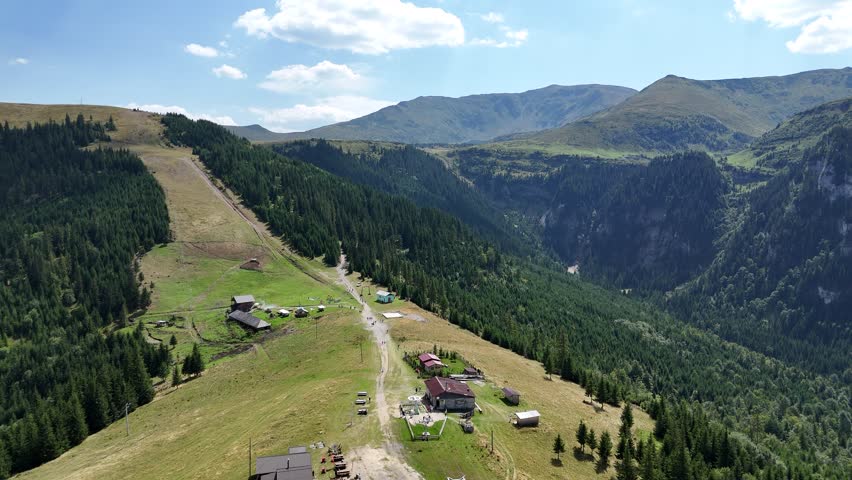 Aerial view of the Borsa Chairlift Runc-Stiol in the Rodnei Mountains, Bucovina region, Romania