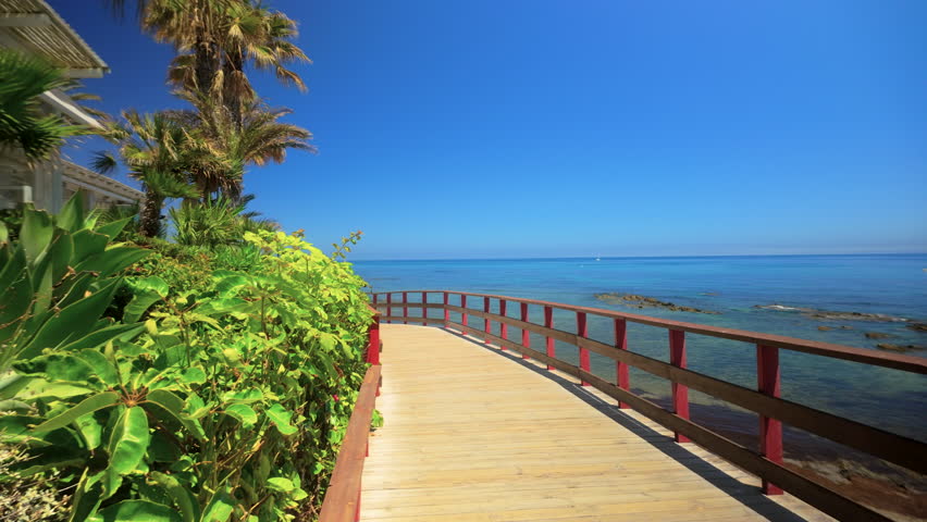 A tranquil seaside wooden boardwalk surrounded by lush greenery, leading towards the calm, blue ocean under a clear, vibrant sky. Ideal for serene nature footage
