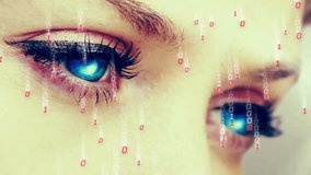 Animation of binary coding and digital data processing over woman's face. Global artificial intelligence, connections, computing and data processing concept digitally generated video. - Powered by Shutterstock - Get 15% off with code: PIKWIZARD15