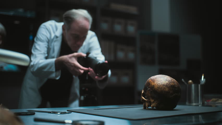 Senior archaeologist takes photo of fossil remains of prehistoric human skull with professional camera in archaeological laboratory. Colleague and big screen with 3D model of head in the background.