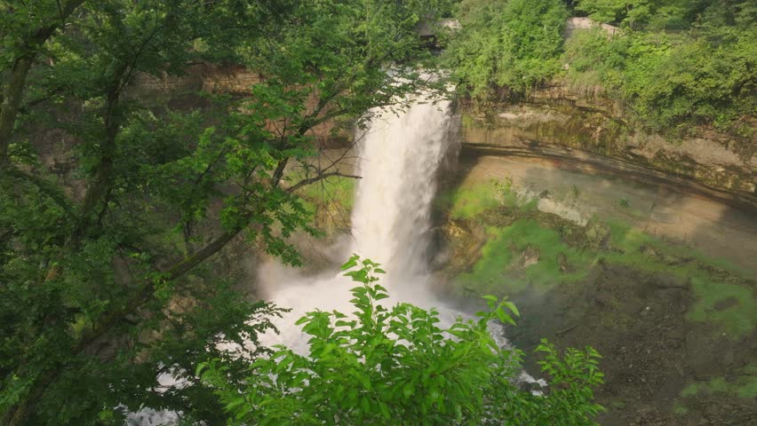 Drone view of famous Minnehaha Falls with nobody present in Minneapolis, USA.