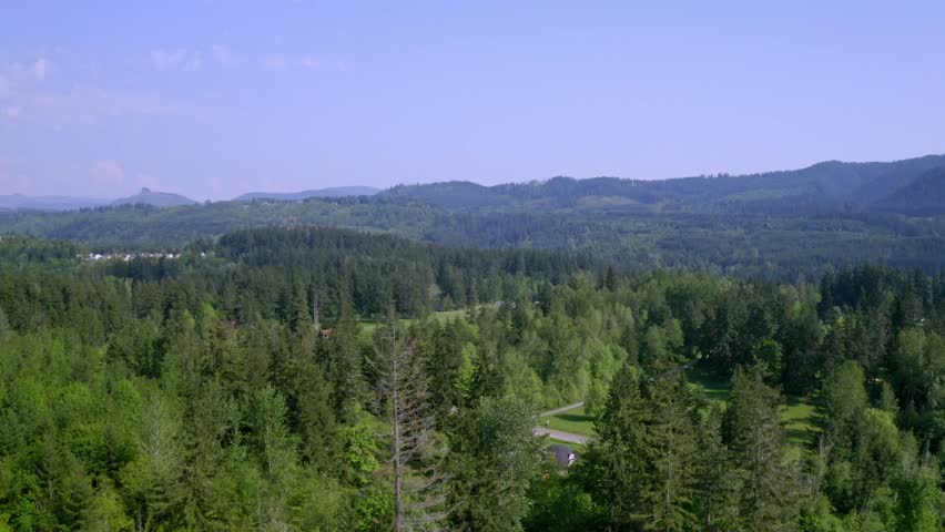 Evergreen Trees In The Mountains Near Eatonville Town In Pierce County, Washington, United States. Aerial Drone Shot