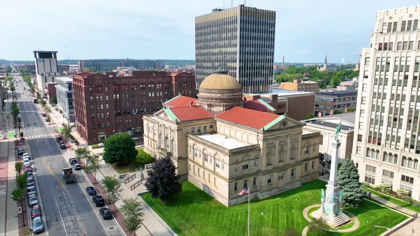 Aerial Arc Shot of St. Joseph County Courthouse in Downtown South Bend