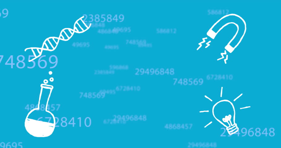 Animation of lab icons and data processing on blue background. Technology, science and digital interface concept digitally generated video.