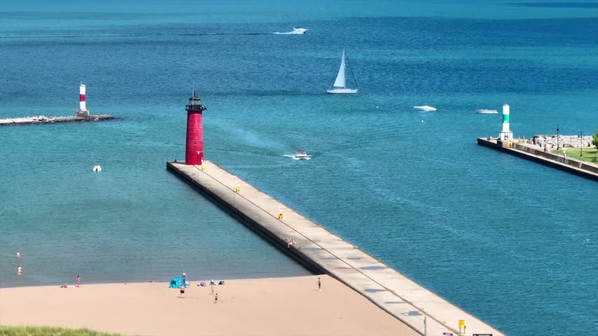 Aerial of Kenosha Lighthouse and Boats on Lake Michigan