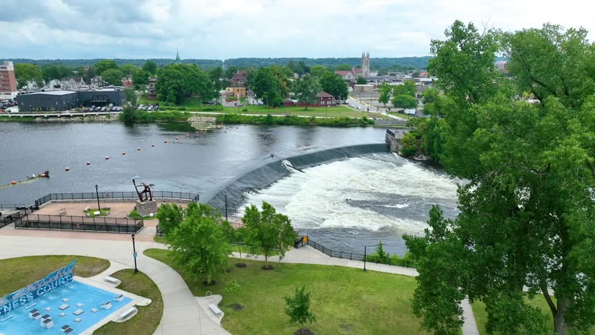 Aerial Fly Over Central Park Mishawaka Fish Ladder and River Currents