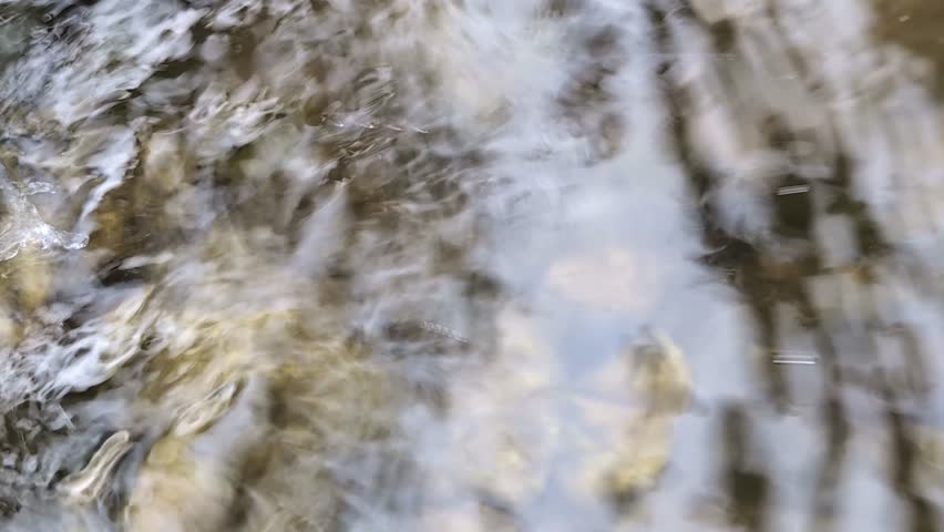 Close up of fresh clear natural spring water flowing from a fountain to the wooden pool in the mountains. Mountain source in Europe. 4k slow motion.ope. 4k slow motion. High quality 4k footage