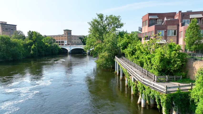 Aerial Fly Through South Bend Riverfront Urban Landscape