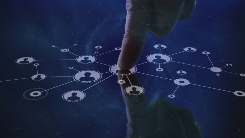 Animation of finger touching network of connections with icons on black background. Global technology, connections, computing and digital interface concept digitally generated video. - Powered by Shutterstock - Get 15% off with code: PIKWIZARD15
