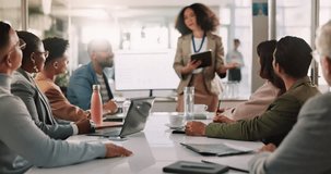 Business people, meeting and presentation with applause for celebration, discussion and insights in company. Team, seminar and presenter in workshop, project success or communication in modern office - Powered by Shutterstock - Get 15% off with code: PIKWIZARD15