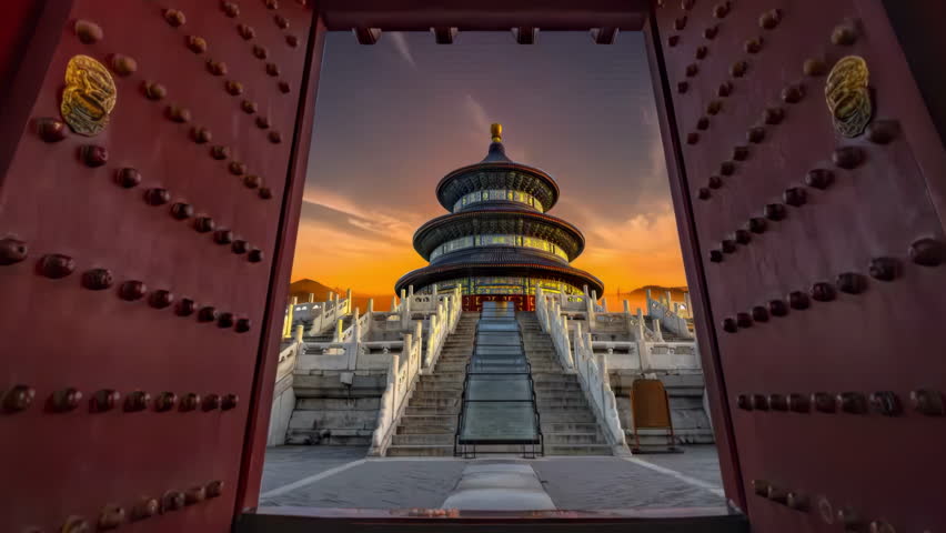 Timelapse the Temple of Prayer for Good Harvests in Beijing’s Temple of Heaven Park, Tourists visiting Imperial hall standing traditional architecture, Forbidden Historic ancient buildings City, China