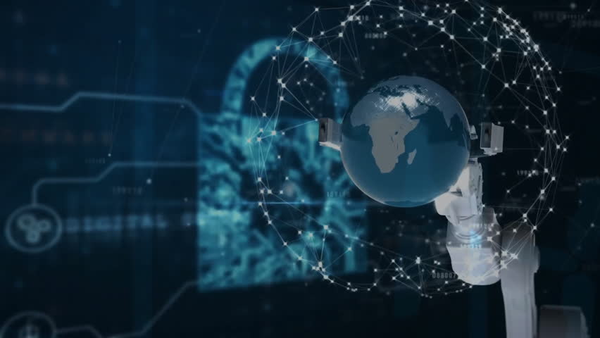 Animation of robotic hand with globe over padlock icon with data processing on black background. Global technology, computing and digital interface concept digitally generated video. - Powered by Shutterstock - Get 15% off with code: PIKWIZARD15