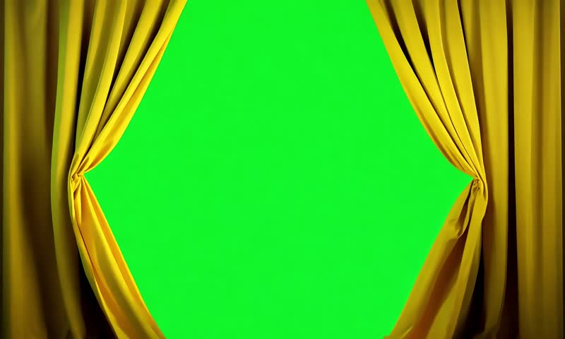 Golden Curtains Reveal: Luxurious golden stage curtains drawn back to reveal a vibrant green screen, perfect for presentations or virtual events.  