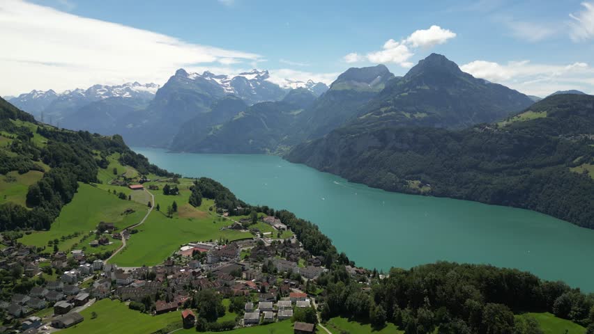 Morschach Swiss village on lake Lucerne, Switzerland Alps mountains peak
