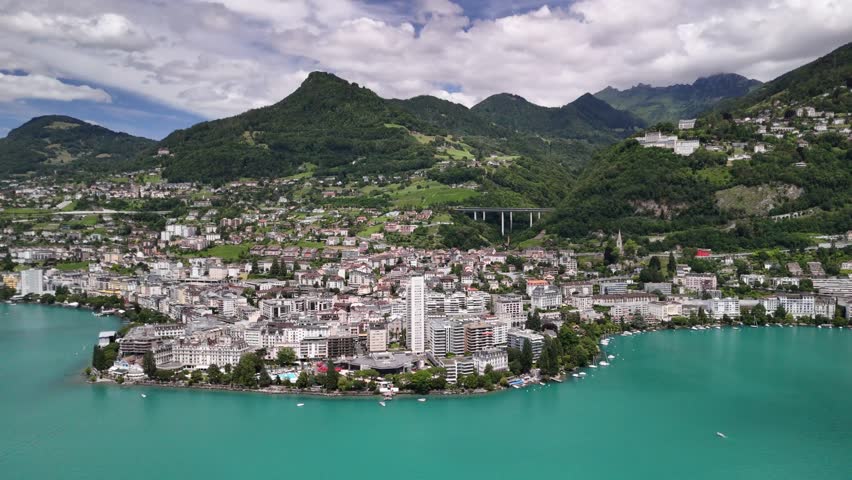 Montreux resort town Lake Geneva in Switzerland, steep hills and lakeside
