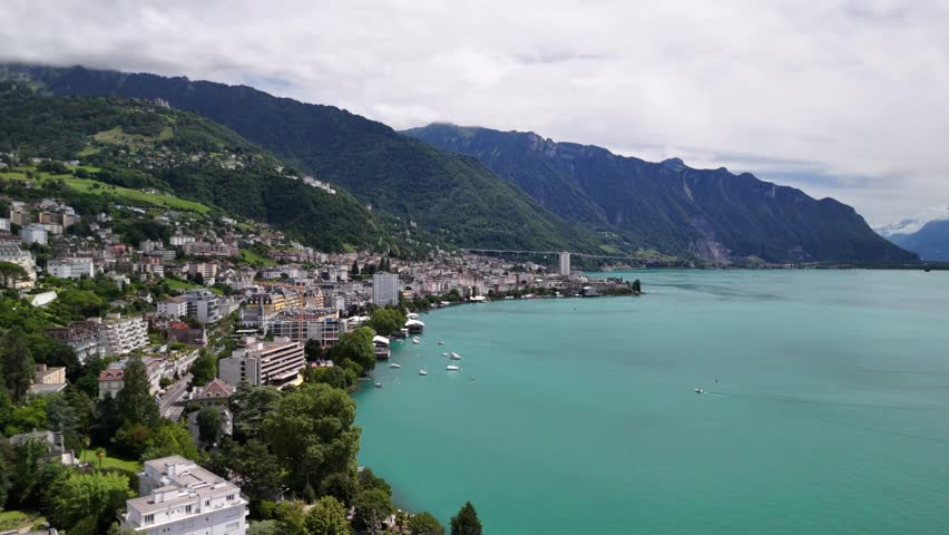 Montreux resort town on Lake Geneva in Switzerland, nature valley mountains