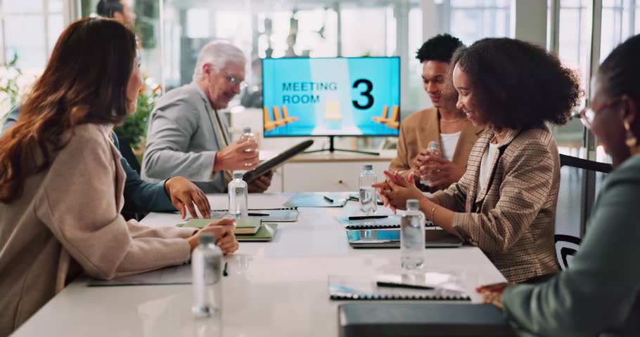 Finish, office or business people leaving meeting with paperwork, sales report or group. Investors, end or employees completed with documents, teamwork or audit documents for planning in workplace