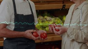 Animation of financial data processing over senior caucasian male worker and female client shopping. Global shopping, finances, retail and digital interface concept digitally generated video. - Powered by Shutterstock - Get 15% off with code: PIKWIZARD15