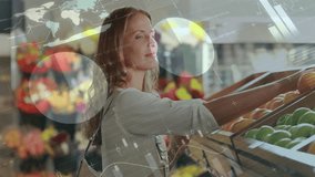 Animation of financial data processing over caucasian woman shopping. Global shopping, finances, retail and digital interface concept digitally generated video. - Powered by Shutterstock - Get 15% off with code: PIKWIZARD15