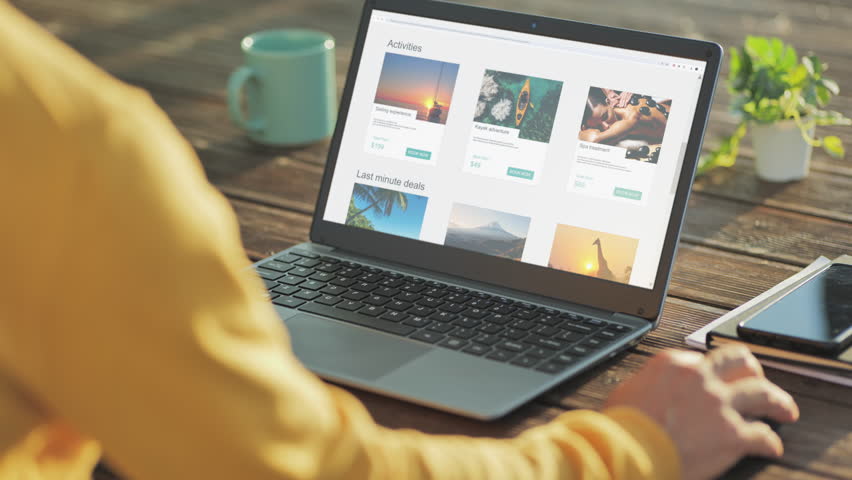 planning vacation at computer,back view of male browsing holiday offers on laptop,last minute trip deal on internet website
