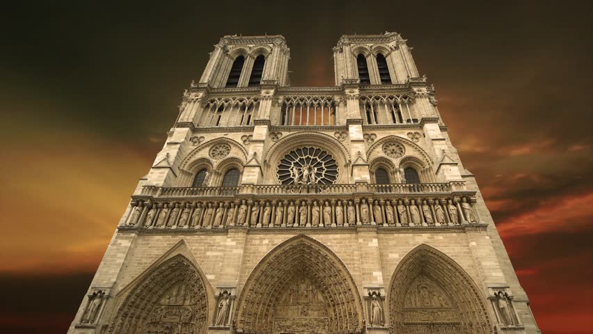 Notre Dame de Paris against the background of the sunset (4K, time lapse), also known as Notre Dame Cathedral or simply Notre Dame, is a Gothic, Roman Catholic cathedral of Paris, France