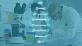 Animation of dna strand over biracial scientists doing experiment. Science and digital interface concept digitally generated video. - Powered by Shutterstock - Get 15% off with code: PIKWIZARD15