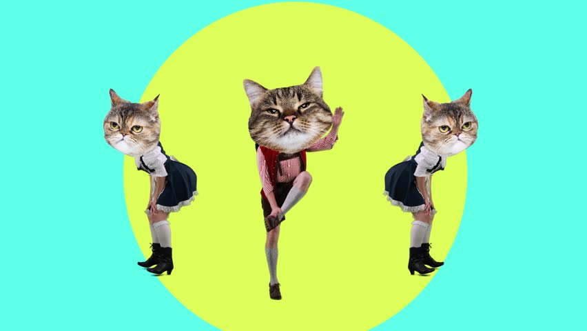 Man and women with cat heads, all dressed in traditional Bavarian attire, dancing against colorful dynamic background. Stop motion, animation. Concept of animal, Oktoberfest, tradition, beer festival
