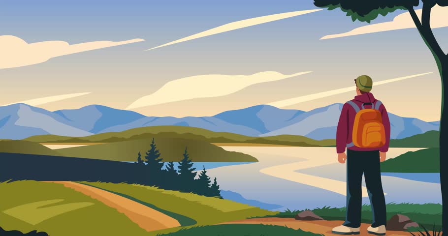 Time to travel. Moving banner with man watching beautiful natural landscape with mountains. Tourism, hiking and outdoor recreation. Trekking and walking in forest. Cartoon flat animated graphics