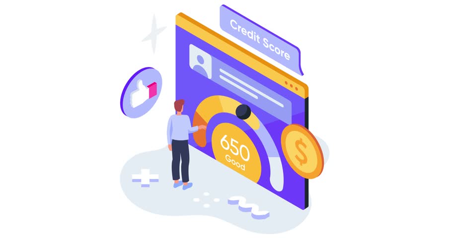 Credit approval. Moving banner with bank employee assessing credit score and issuing loan to user for purchasing. Finance and money management. Isometric 3D Animated Graphics