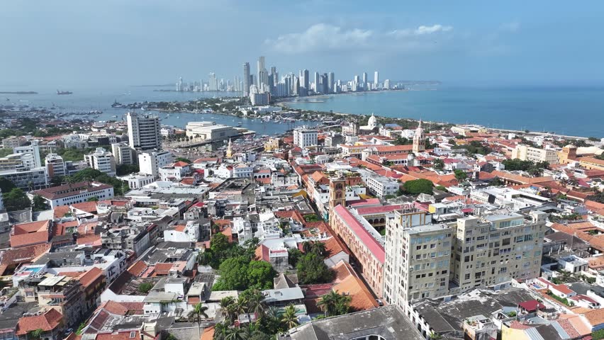 Medieval City At Cartagena De India Bolivar Colombia. Bustling Downtown Cityscape With Modern Buildings. Industry Landscape Panoramic City View Stunning. Urban Panoramic City View Town Cartagena.