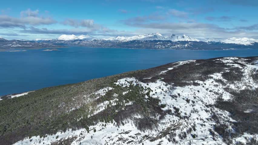 Beagle Channel At Ushuaia Tierra Del Fuego Argentina. Breathtaking Landscape Of Forest Trees In The Rural Scene. Outdoor Travel Destination Patagonia Glacier. Snow Covered Aerial View Floresta.