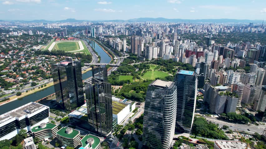 Marginal Pinheiros At Sao Paulo Brazil. Aerial View Of A High-Rise Buildings And Traffic Showcasing Urban Life. São Paulo Brazil. Construction Skyline Commercial Building Stunning. Sao Paulo Brazil.