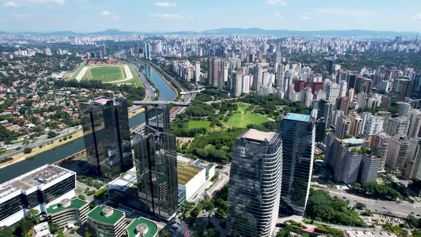 Marginal Pinheiros At Sao Paulo Brazil. Aerial View Of A High-Rise Buildings And Traffic Showcasing Urban Life. São Paulo Brazil. Construction Skyline Commercial Building Stunning. Sao Paulo Brazil.