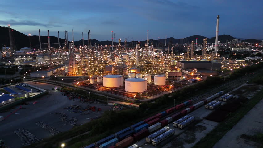 Oil Refinery plant at sunset. Gas Chemical Equipment Prodiction import export Concept, Crude Oil Refinery Plant Steel Pump Pipe line and Chimney and Cooling tower, Chemical Petrochemical