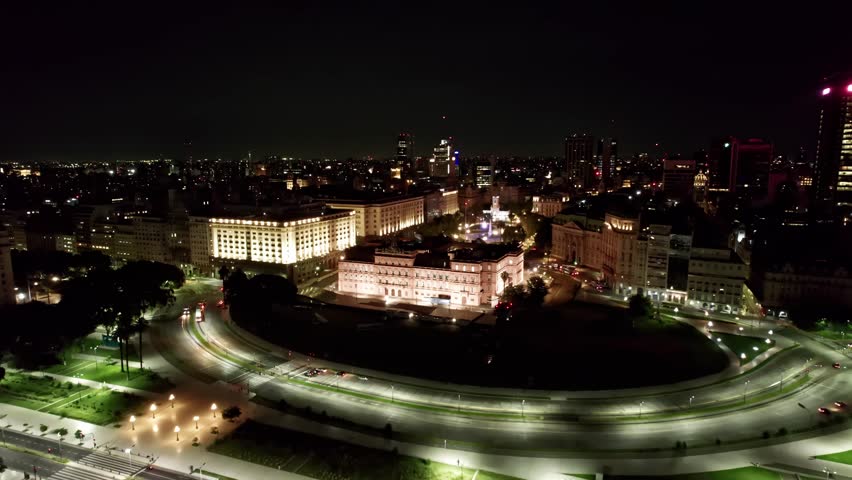Night Panoramic Orbital over Presidential Casa Rosada Pink House, Buenos Aires