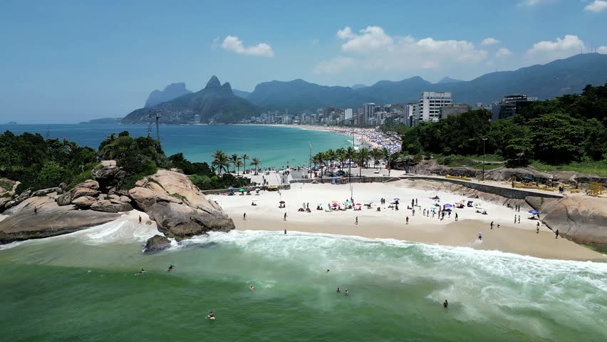 Rio De Janeiro, Brazil. Arpoador Beach At Downtown Rio De Janeiro In Rio De Janeiro Brazil. Sunny Day. Breathtaking Aerial View Of A Lush Tropical Coastline Scenery. Ipanema Beach Rio de Janeiro.