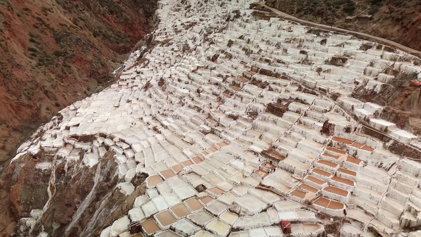 The maras salt mines in peru, showcasing hundreds of terraced salt pans, aerial view