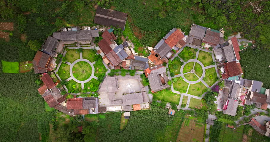 Overhead drone ascent over Pavi Hmong cultural tourism village, Meo Vac, Vietnam