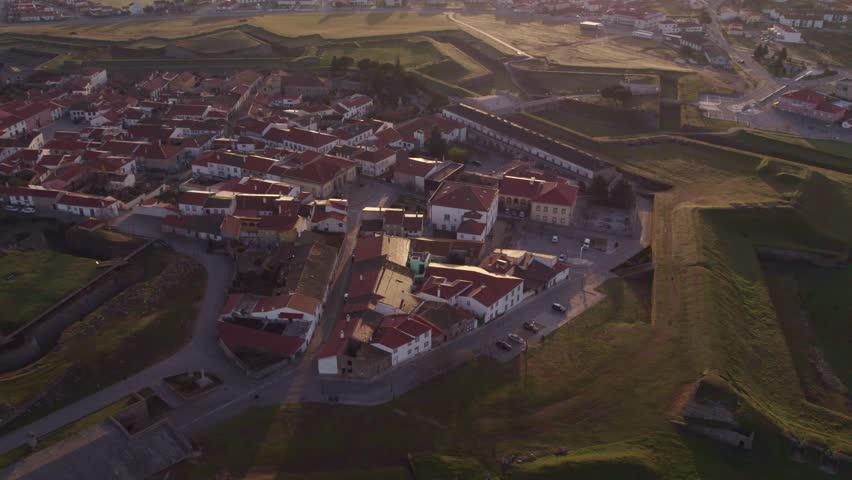 Aerial view of medieval fortress city with ancient walls and rooftops, Almeida, Portugal.