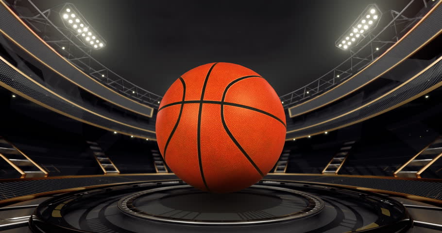 Golden shining sports arena for champions with rotating basketball ball and glowing floodlights in endless loop. Professional 4k video for sport event advertisement.	
