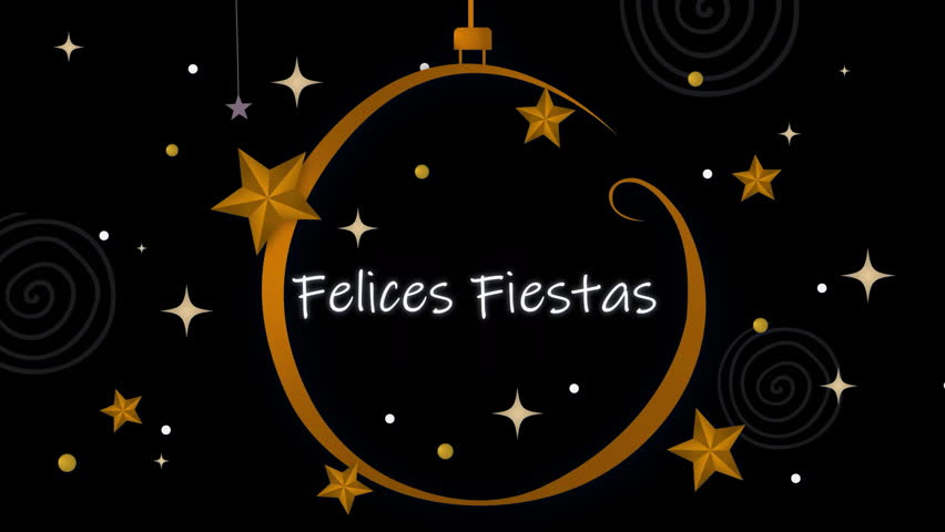 Animation of felices fiestas text over christmas decorations and stars. Christmas, festivity, celebration and tradition concept digitally generated video.