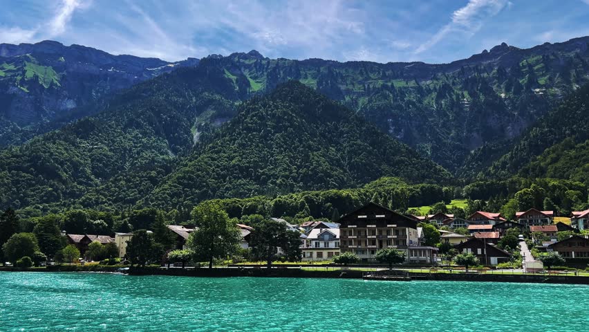 Lakeside Town And Hotels At Lake Brienz In The Canton of Bern In Switzerland. Wide Shot
