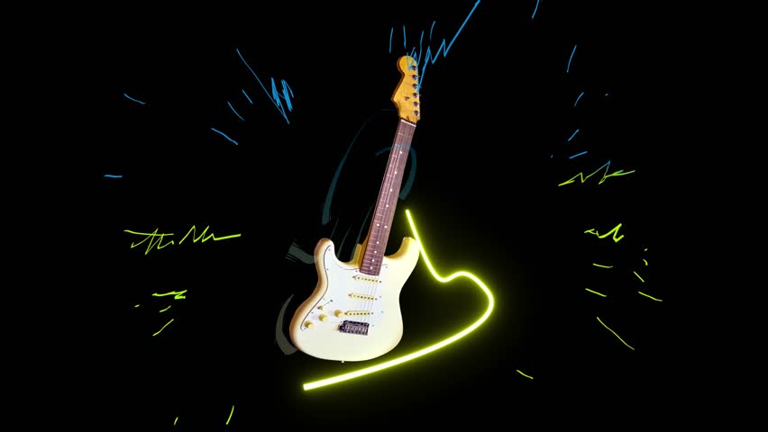Creative rainbow musical design. Decoration element with white guitar silhouette and rainbow paint splashes - 2D animation.