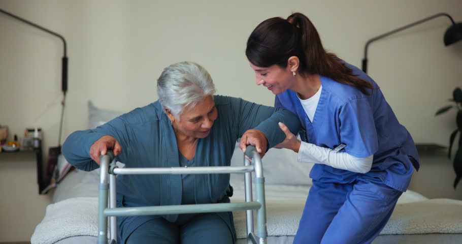 Caregiver, healthcare and walker with old woman in retirement home for physiotherapy, support or osteoarthritis. Help, occupational therapy and rehabilitation assistance with person with a disability