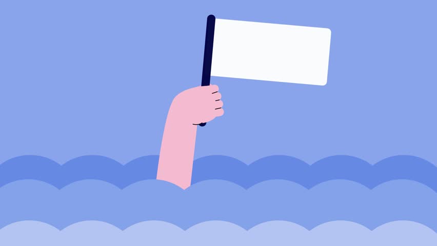 Aniamsi of hands holding a white flag sinking in the sea, depicting surrender or give up or despair