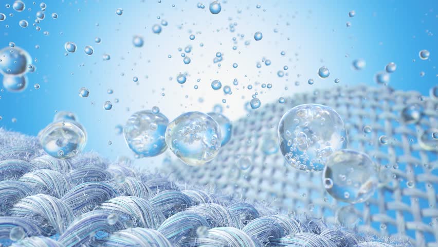 Close-up of fabric interlaced fiber with wave surface with water drop. Extreme magnification of white individual fiber threads. High quality 3d render. 3D Illustration