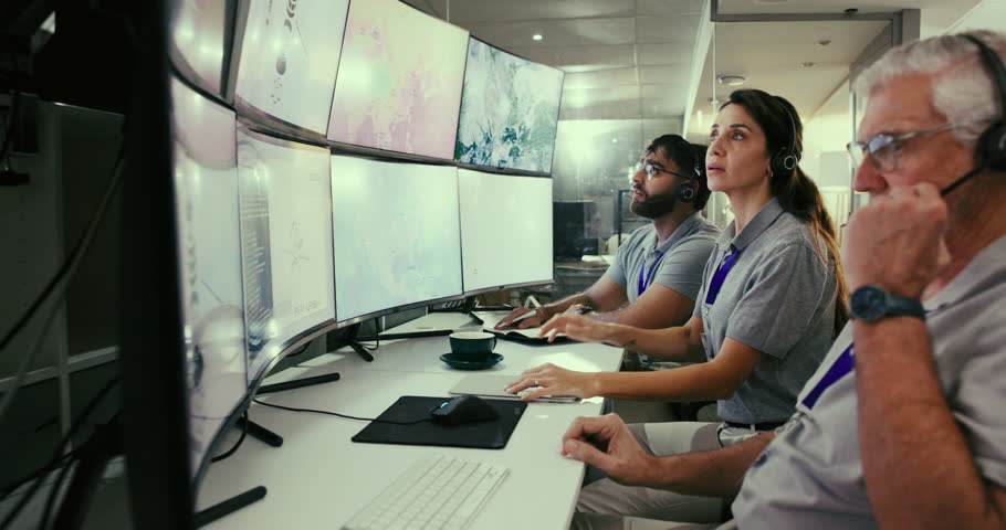 People, control room and group monitor system on satellite maps to track storm weather pattern. Rocket, engineer or launch team on computer screen with ai code, data or brainstorming to explore space
