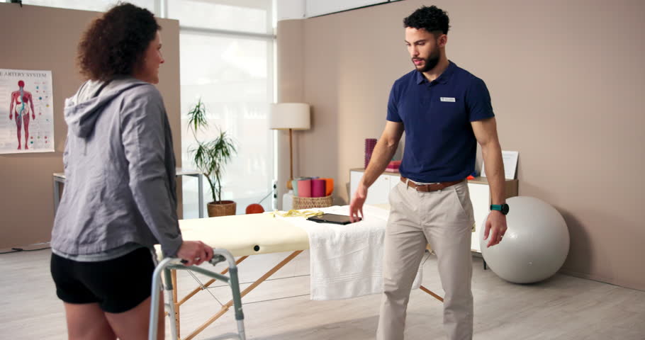 Walking frame, woman or shaking hands with physiotherapist for welcome, meeting or help. Greeting, physical therapy or handshake with person with disability in rehabilitation for healthcare in clinic