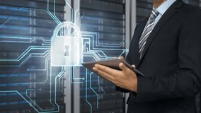 Holding tablet, businessman with cybersecurity animation over server racks. Technology, servers, digital, innovation, professional, data - Powered by Shutterstock - Get 15% off with code: PIKWIZARD15