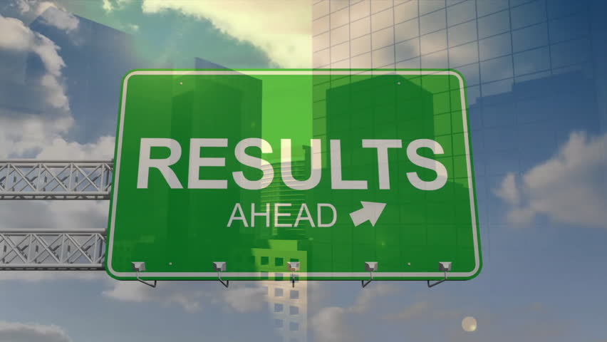 Green road sign with RESULTS AHEAD text animation over cityscape background. Signage, urban, typography, navigation, direction, success